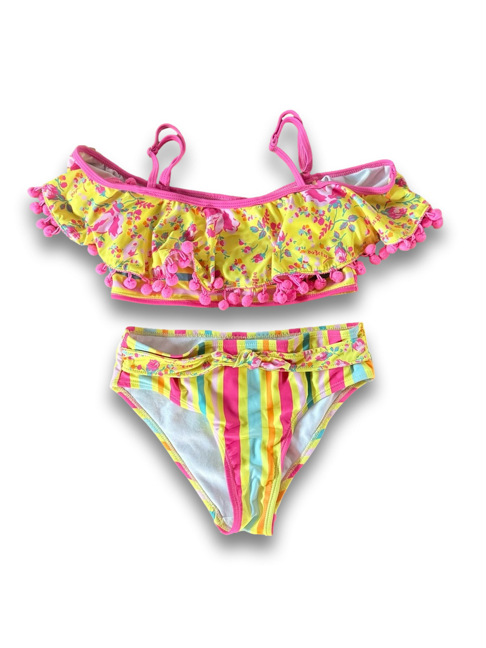 Betsy Johnson Floral and Strip Ruffled Pom-Pom Bikini Set Girls Size 10